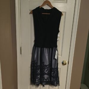 SLNY Navy Sleeveless Dress with Black Details